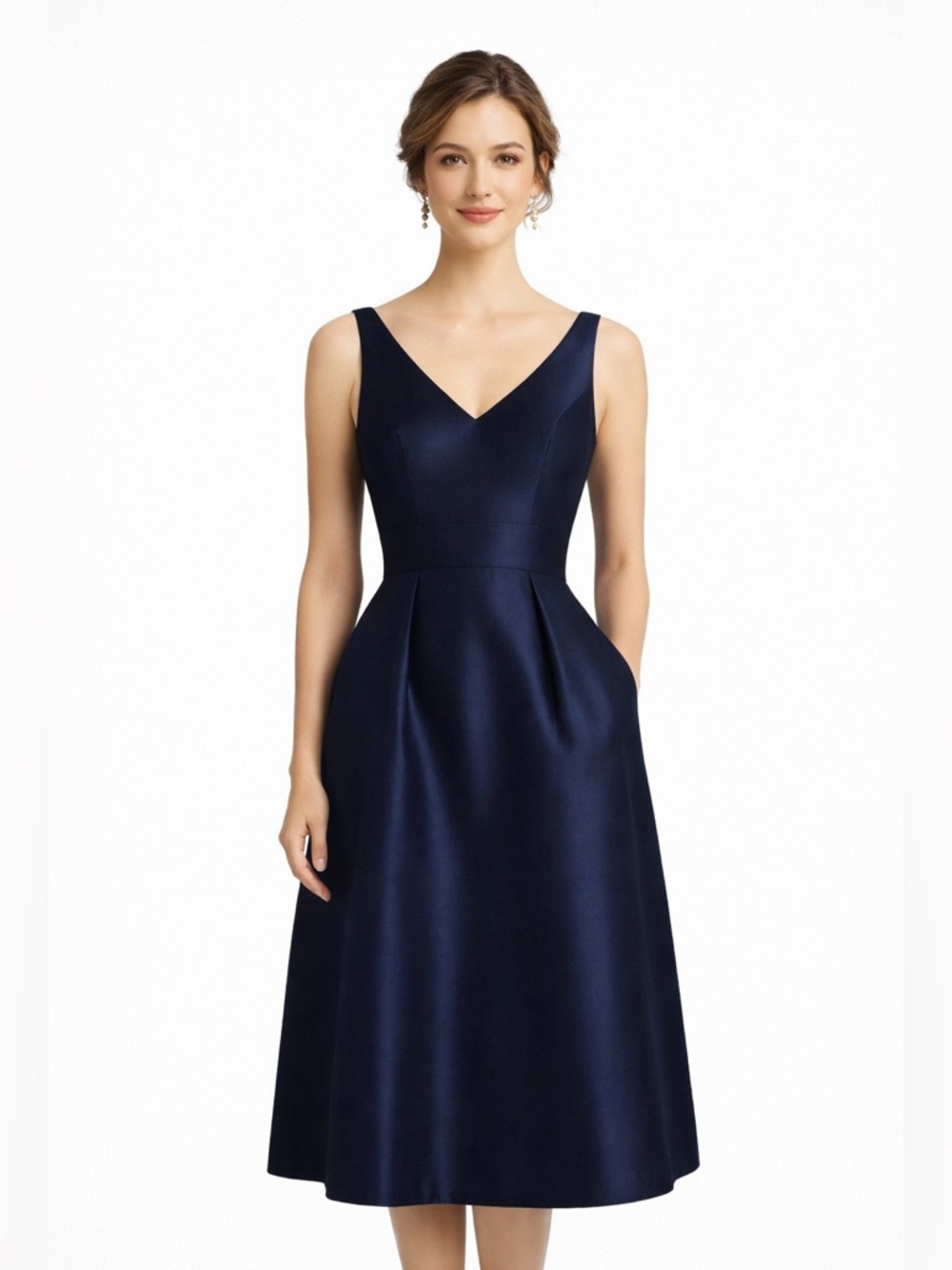 ALFRED SUNG Navy V-Neck Satin A-Line Dress